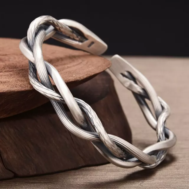925 Silver Retro Three-strand Twisted Cord Bracelet Luxury Open Cuff Bangle Gift