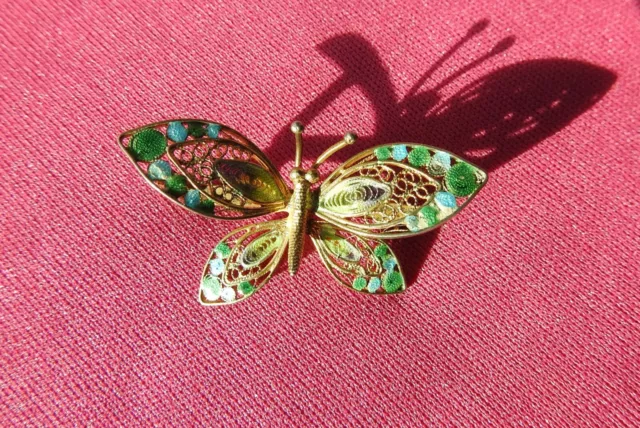 Antique Victorian 800 Silver Gold Washed Enamel Filigree Butterfly Brooch Pin