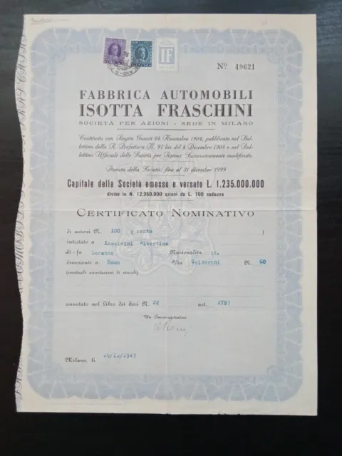 Automobili Isotta Franchini Milano 1947 Certificato Per 100 Azioni Da Lire 100