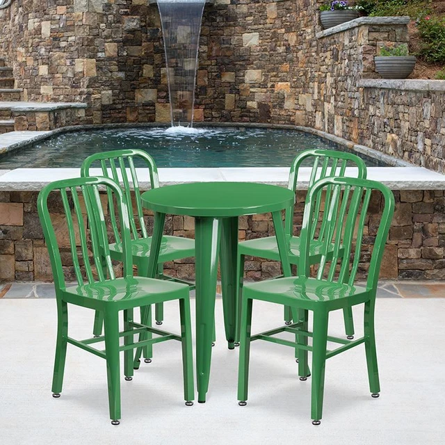 Commercial Grade 24" Round Green Metal Indoor/Outdoor Table Set w/4 Vertical Sla
