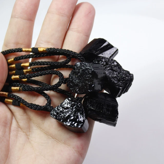 Natural Black Tourmaline Quartz Crystal Pendant Chakra Healing Stone Necklace