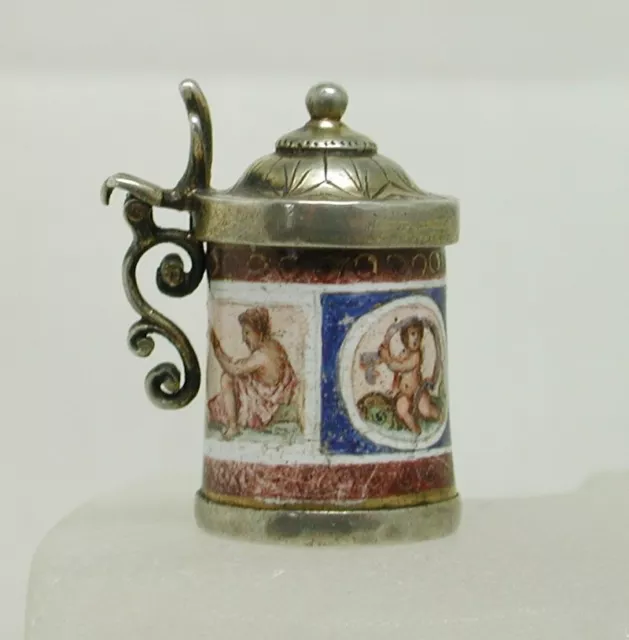 Antique Rare Silver Enamel Roman Scenes Tankard Shaped Snuff Or Pill  Box 21113