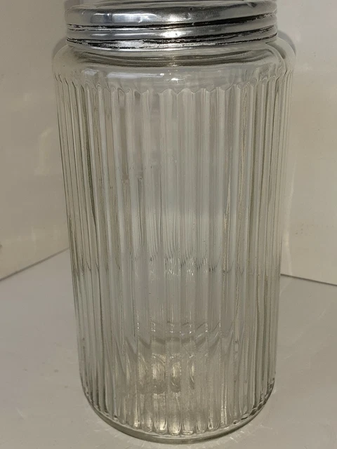 Vintage Hoosier Cabinet Glass Coffee Jar Ribbed with Aluminum Lid 3