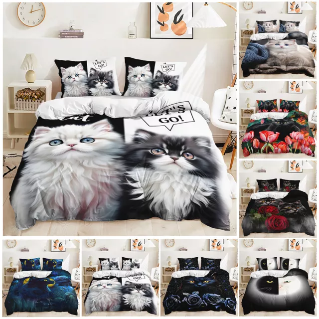 Lovely Cats Black White Cat Blue Red Floral Rose Doona Duvet Quilt Cover Bed Set