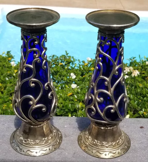 10" Pair Pillar Candle Holders Cobalt Blue Cased Silver Ornate Scroll Metal Pr