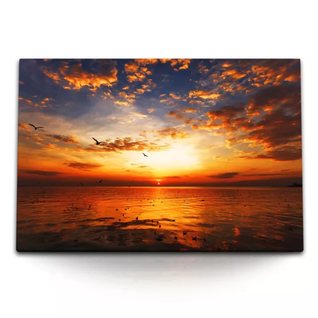 120x80cm Wandbild auf Leinwand Sonnenuntergang Meer Möwen Abendrot Horizont