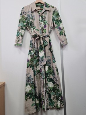 ZARA WOMAN Shirt Dress Long Striped Floral shirt dress Size M Brown White Taupe
