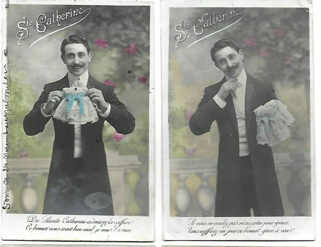 2 Belles CPA carte postale ancienne jeune homme à la Sainte Catherine coiffes