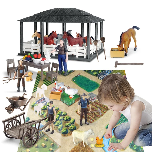 JONRRYIN Ferme Animaux Jouet Set 33 Pièces Avec Lumière - Figurines, Grange, Tracteur, Moulin à Vent - Jeu Éducatif Pour Garçons Filles 3-7 Ans - Cadeau Noël Anniversaire