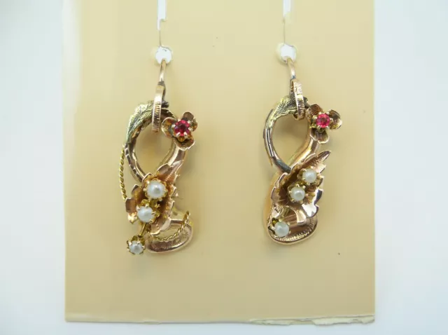 ORECCHINI IN ORO 14 Kt  EPOCA '800 RUBINI E PERLINE OLD GOLD EARRINGS