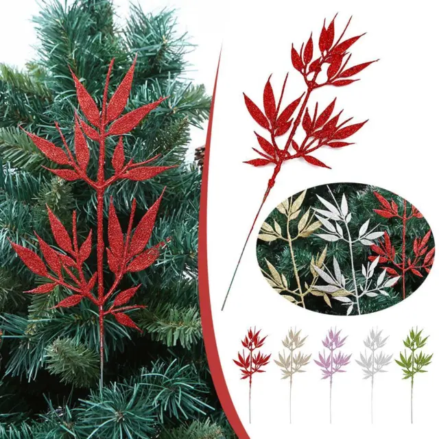 10X Christmas Artificial Glitter Plants Gold Powder Leaves Flowers DIY∑ N7O E7K0