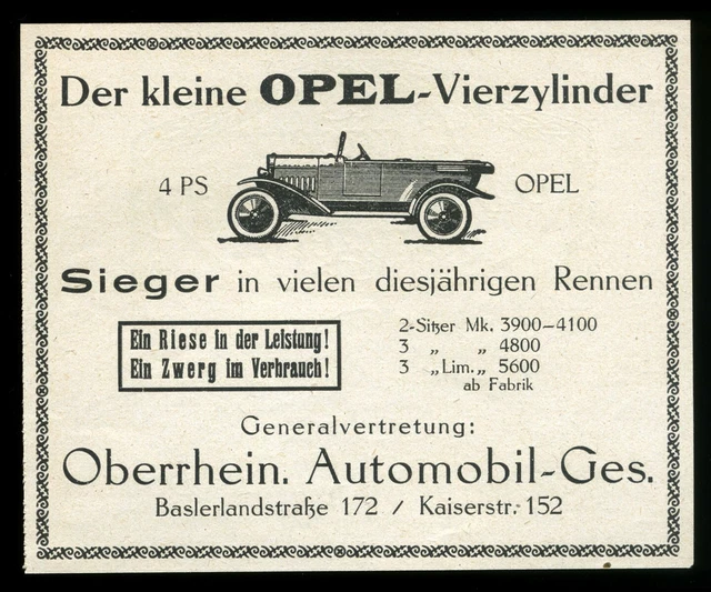 Alte Werbung Reklame von 1925 Der kleine Opel Automobil Sieger vieler Rennen
