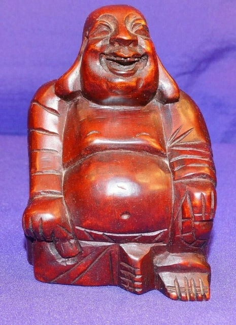 Small Solid Hand Carved Lite Wooden Laughing Buddha Sitting Statue Figurine