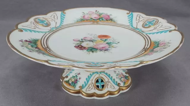 Mid 19th Century Minton Hand Painted Floral Turquoise Gold Pierced Cake Stand B