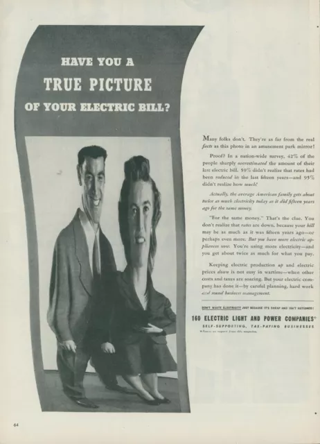 1944 Electric Power Light Companies Fun House Mirror Distorted Vtg Print Ad L30