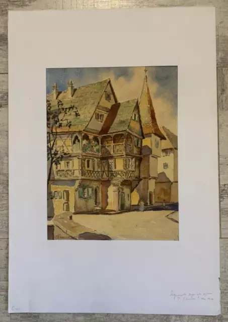 Aquarelle Architecture Ville Village Place Eglise Femme Robe Alsace P. LAUDON ?