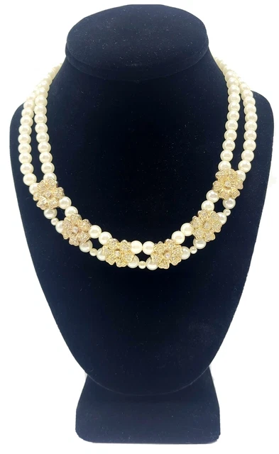 Vintage Pearl Necklace Double Strand With Goldtone Cubic Zirconia Flowers