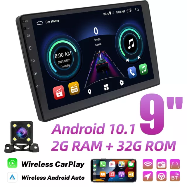 Android 10.1 2-Din 9" Car Stereo Apple CarPlay Radio GPS Navi WiFi FM w/ Camera