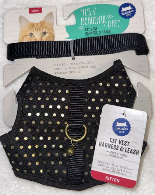 Whisker City Cat Vest Harness Leash Kitten Size NEW Black With Gold Polka Dot