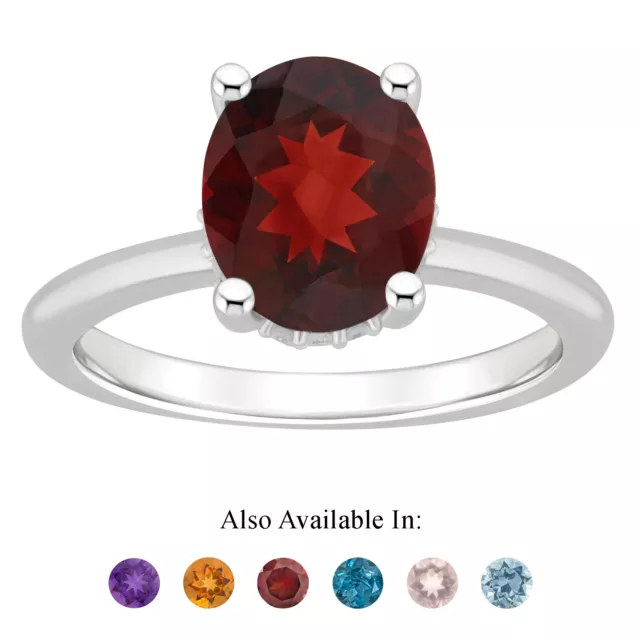 Sterling Silver 10x8mm Oval Genuine Natural Garnet Diamond Accent Ring