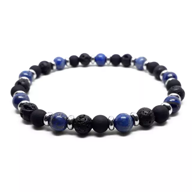 Bracciale con pietre dure LAPISLAZZULI blu e perle NERO Uomo inter braccialetto