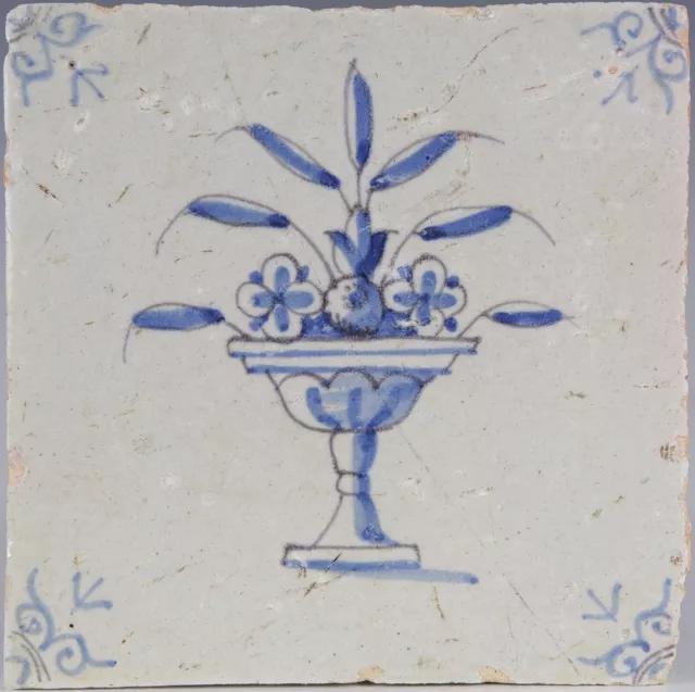 Nice Dutch Delft Blue tile, flowerpot, mid 17th. century.