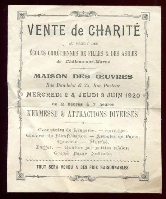 old document. sale of Chalon-sur-Marne Christian Schools Charity. 1920