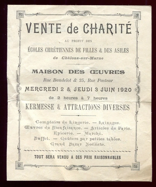 old document. sale of Chalon-sur-Marne Christian Schools Charity. 1920