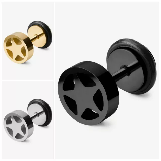 Stainless Steel Star Round Ear Stud Earrings Black Punk Men Women Earrings PAIR