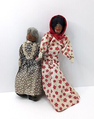 Americana Dolls Two Primitive Folk Art Handmade Dolls Walnut Heads Vintage lot