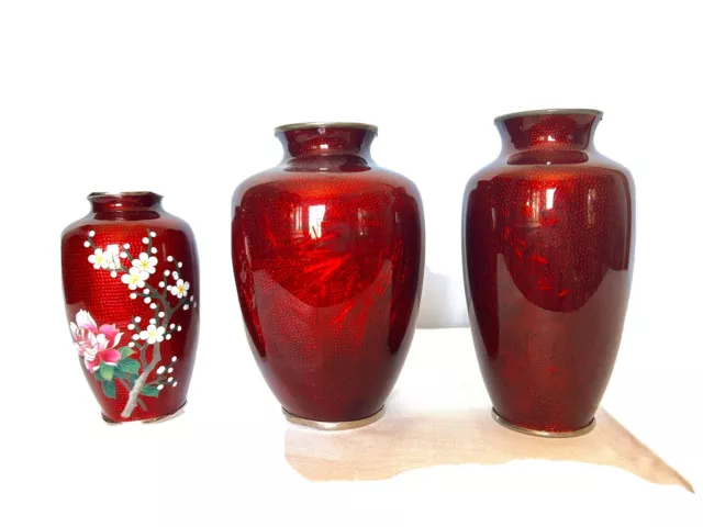 Set of 3 Japanese Ginbari Cloisonne Sato Ando Era Vase Red Pigeon Blood