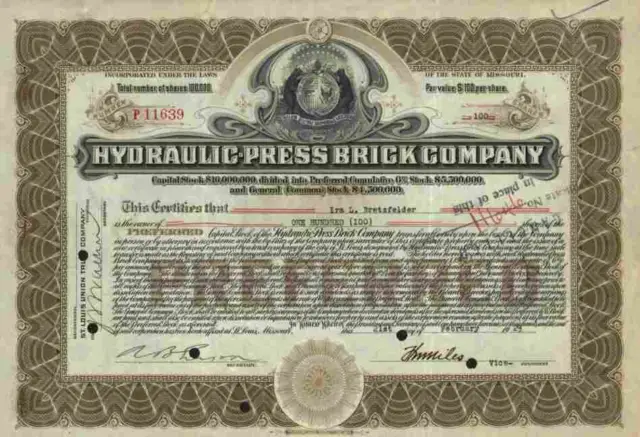 Hydraulic Press Brick Company 1929 St. Louis Missouri Western Banknote Chicago #