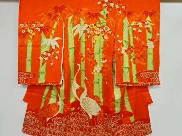 81942# JAPANESE KIMONO / ANTIQUE KIMONO FOR GIRLS / EMBROIDERY / BAMBOO GRASS &a