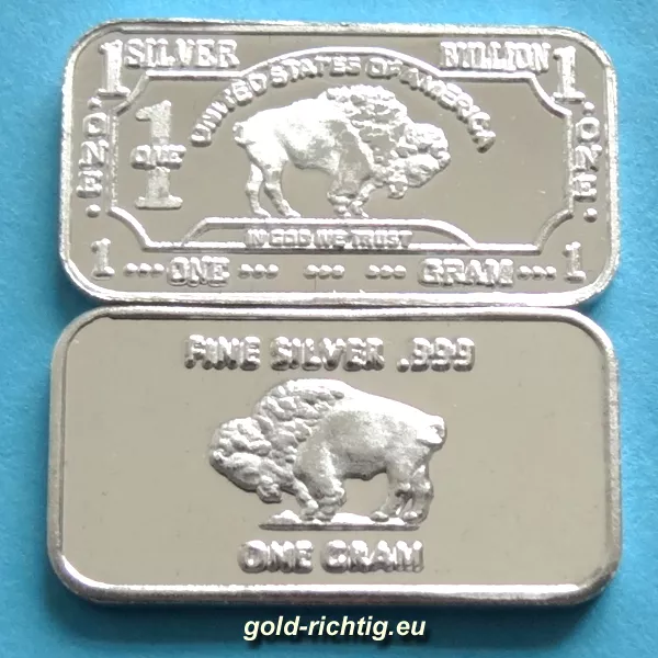 1 Gramm Silberbarren - BÜFFEL - 999 Silber Feinsilber Silver Buffalo Barren NEU