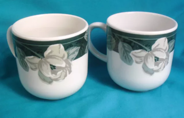 2 Tienshan Magnolia Belle Coffee / Tea Cups, white & green ceramic teacups