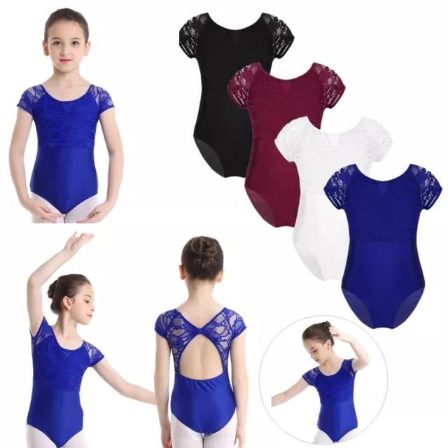 Girls Kids Floral Lace Dance Gymnastic Ballet Leotard Backless Stretchy Bodysuit 2