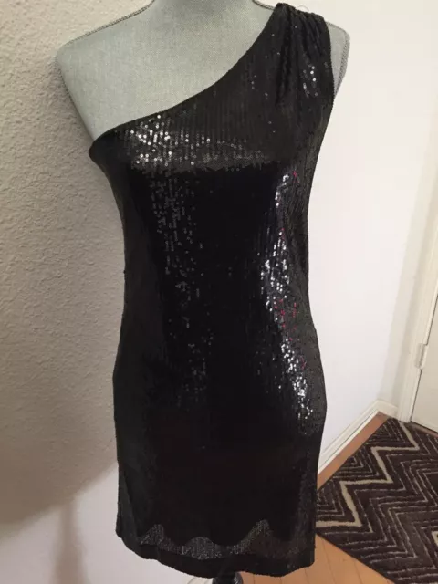 Alice + Olivia Black Sequin Sparkly One Shoulder Cocktail Mini Dress Small $597