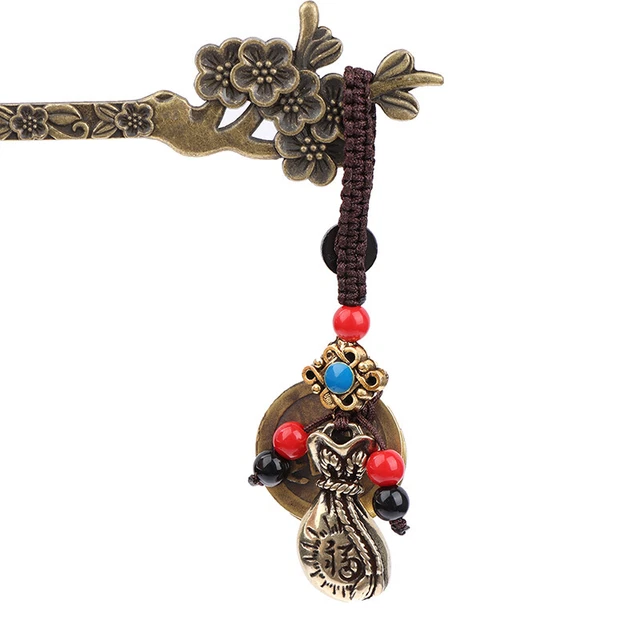 Vintage Brass Money Bag Keychain Pendant Lucky Feng Shui Hanging Key Cha HZ