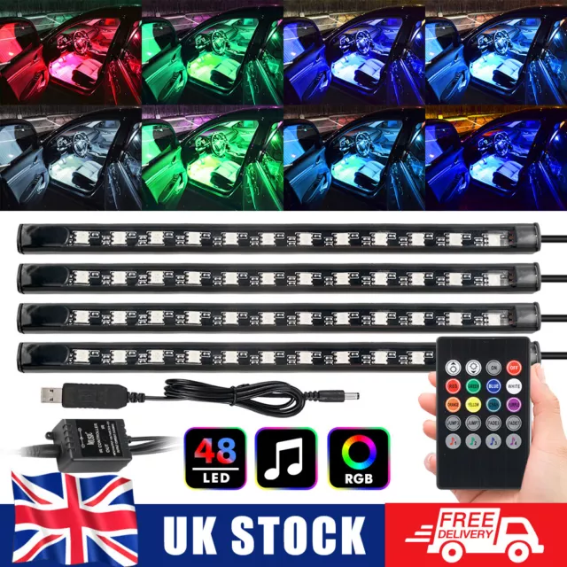 4in1 USB Car Interior Footwell Atmosphere 48 LED Light Strip RGB Music Lamp 5V