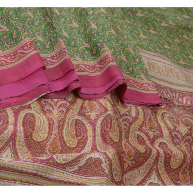 Sanskriti Vintage Sarees Green 100% Pure Silk Printed Sari 5Yd Soft Craft Fabric