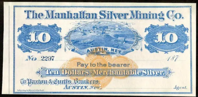 1870s $10 DOLLAR SILVER MINING AUSTIN NEVADA LARGE SIZE NOTE GOLD IR SEAL UNC