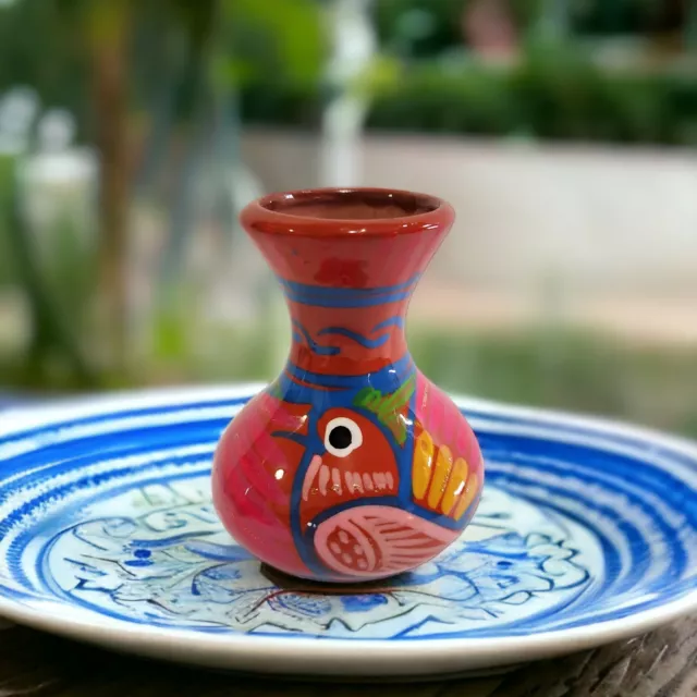 Small Hand Painted Mexican Red Clay Pottery Vase With Bird