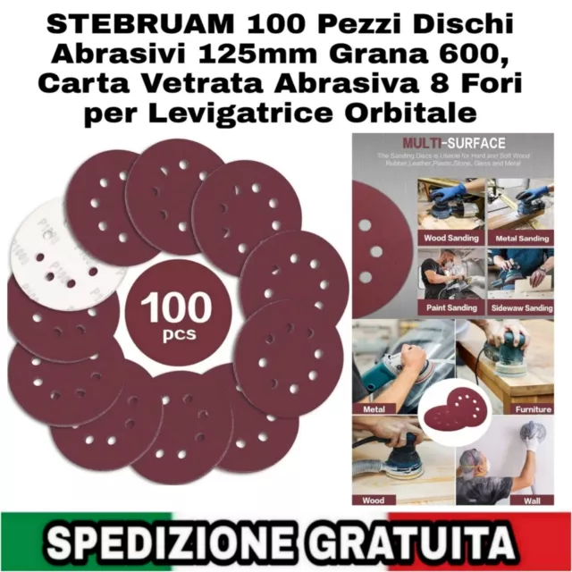 100pz Dischi Abrasivi 125mm Grana 600,Carta Vetrata Abrasiva 8Fori x Levigatrice