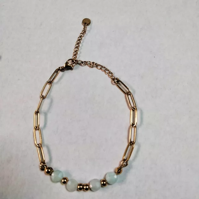 Bracelet chaine de cheville en acier inoxydable doré perles bleues très clair,