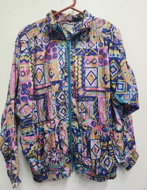 Vintage 1980s Jantzen Womens Windbreaker Jacket Medium Colorful Zip Up Retro