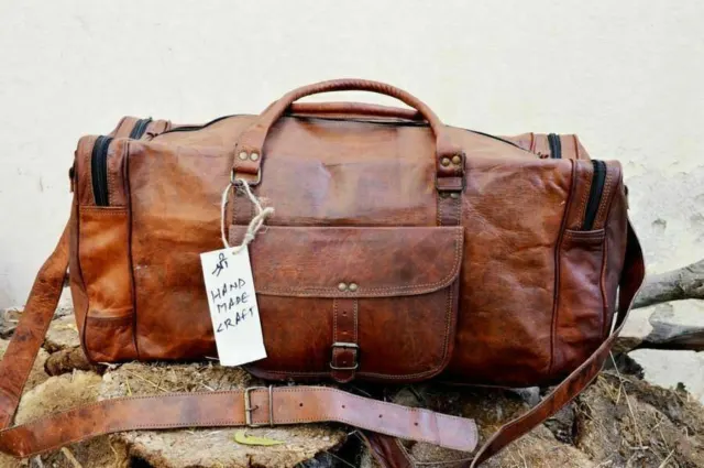 Vintage Genuine Goat Brown Leather Travel Luggage Duffel Weekender Overnight Bag