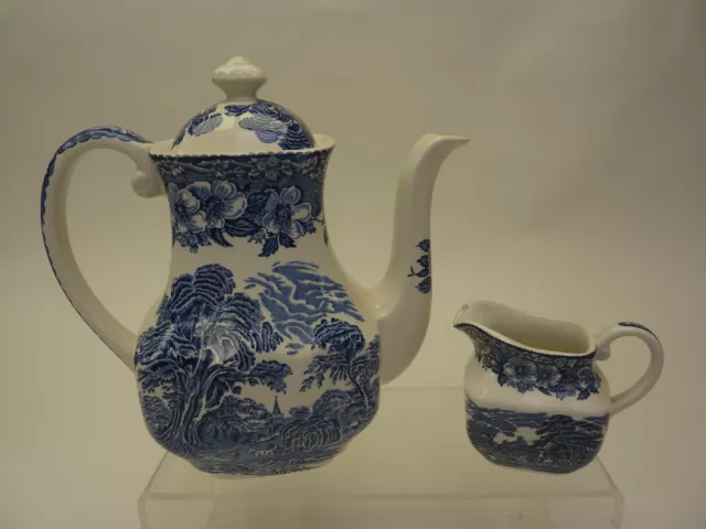 Woodland Enoch Wedgwood Tunstall Blue & White Coffee Pot and Cream Jug