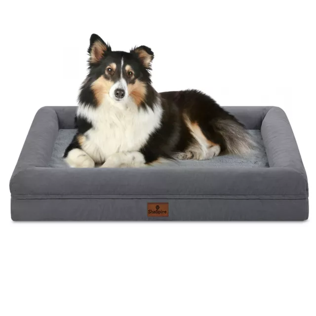 Large Dark Gray Dog Bed Orthopedic Memory Foam Pet Sofa Removable Cover Bolster