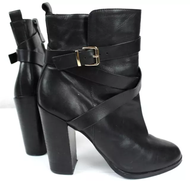 ALDO ANKLE BOOT Womens 7.5 Black Side Zip 4 Inch Block Heel Harness ...
