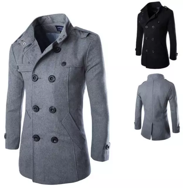 Men Wool Coat Winter Double Breasted Peacoat Trench Overcoat Long Jacket Outwear